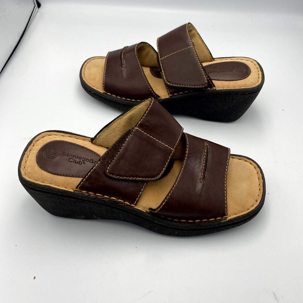 Montego Bay Club Women's US 8.5 Slide Brown Leather Casual Slip-On Wedge Sandal